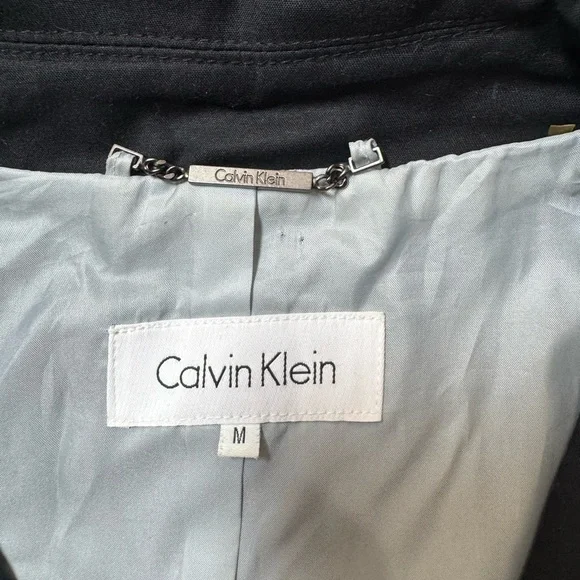 Calvin Klein Hooded Trench Coat Belted Black Cotton Blend Jacket Womens M - Picture 6 of 7